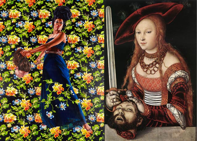 À gauche, Kehinde Wiley, Judith and Holofernes, 2012, oil on linen, 120 x 90 inches © Kehinde Wiley. À droite, Lucas Cranach (l’Ancien), Judith avec la tête de Holopherne, 1530, peinture à l’huile sur bois