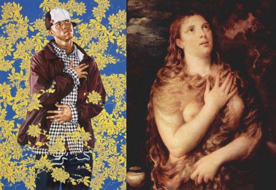 À gauche, Kehinde Wiley, Penitent Mary Magdalen, 2009, oil on paper, 84 x 55 inches © Kehinde Wiley. À droite, Titien, Marie Madeleine repentante, 1531, 84 × 69 cm