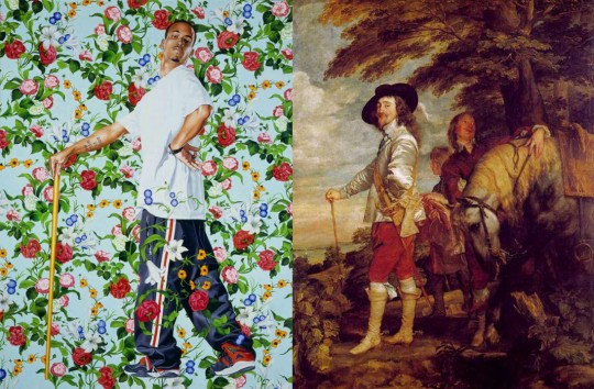 À gauche, Kehinde Wiley, Le Roi à la chasse, 2006, oil on canvas, 96 x 72 inches © Kehinde Wiley. À droite, Antoine Van Dyck, Le Roi à la Chasse, 1635, 272 x 212 cm