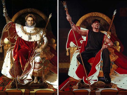 A gauche, Napoleon I on His Imperial Throne, 1806, Oil on canvas (259 x 162 cm). A droite, Ice T, 2005, Oil on canvas (243.8 x 182.9cm)  © Kehinde Wiley.